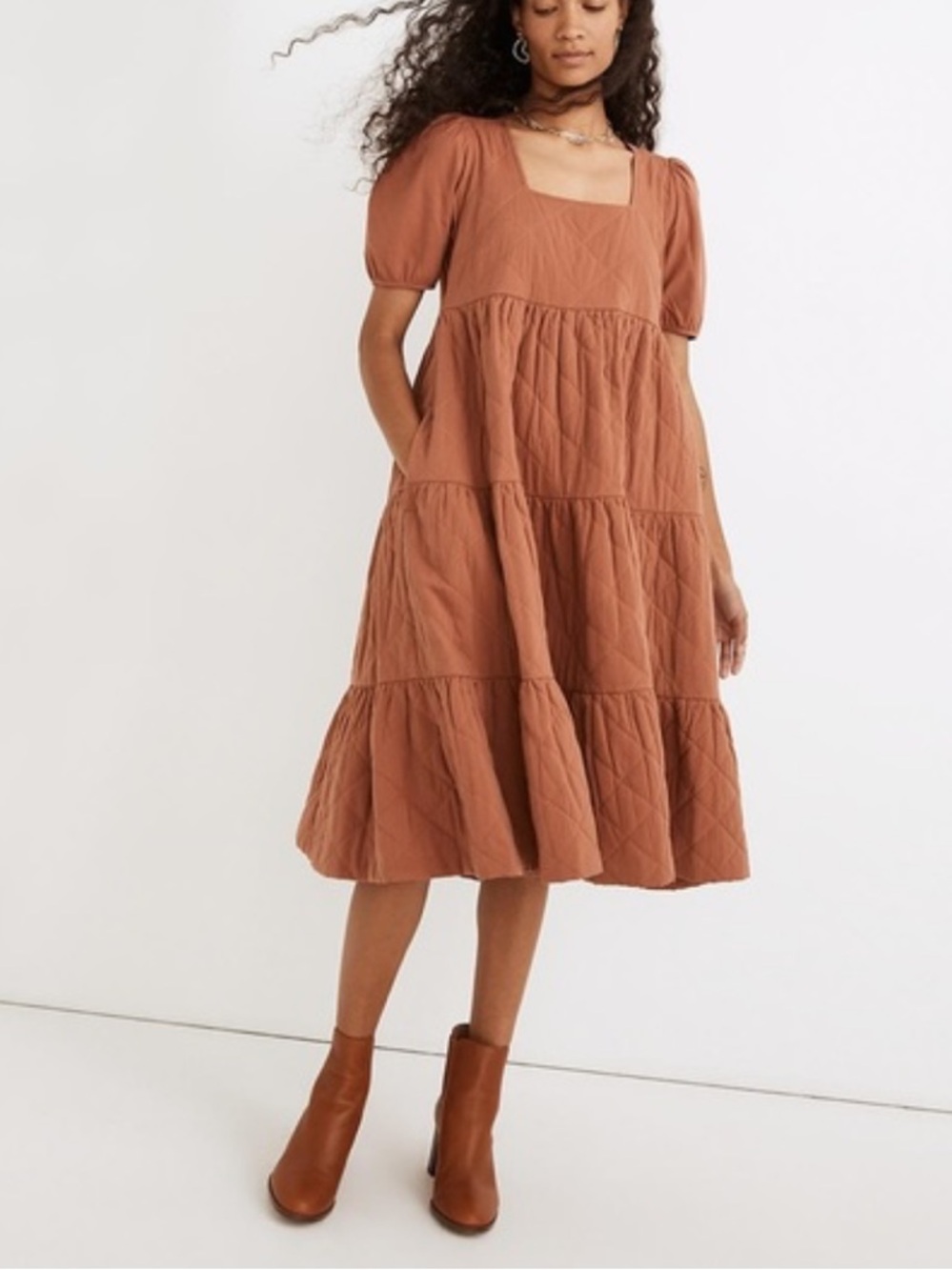 Madewell Aidy Quilted Square-Neck Tiered Midi Dress - Rust Brown